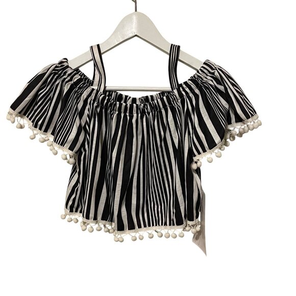 NWT Bonnie Jean Girls Striped Off-Shoulder Pom-Pom Trim Top XL Black/White #E-7- - Picture 1 of 6